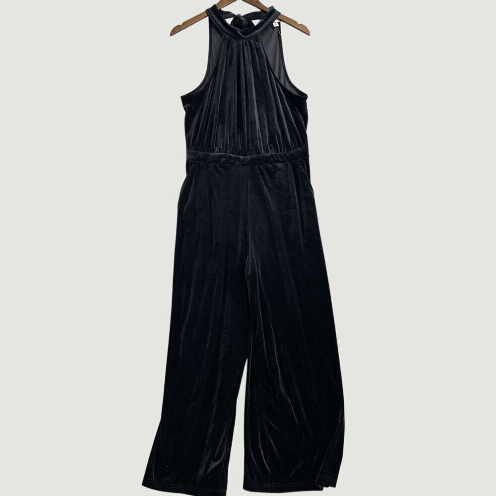 NEW  Women's M Jumpsuit Velvet Sleeveless Halter High neck Black A new day h1175 - Picture 2 of 9
